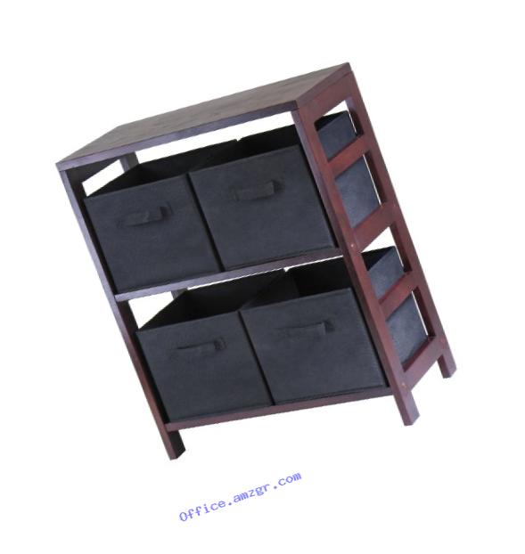Winsome Wood Capri Wood 2 Section Storage Shelf with 4 Black Fabric Foldable Baskets