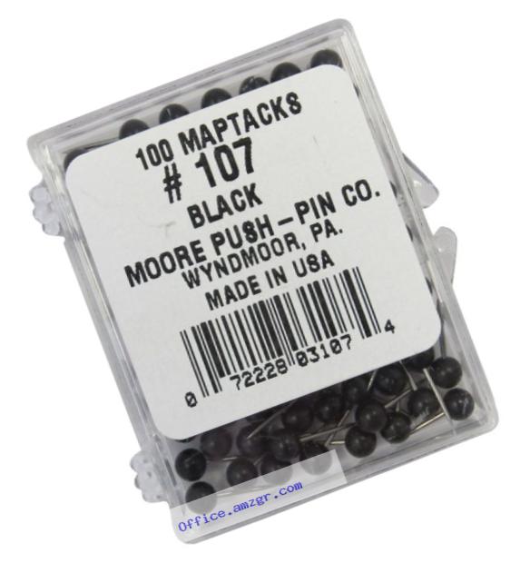 Moore Push-Pin Map Tacks, Black, 100 Tacks