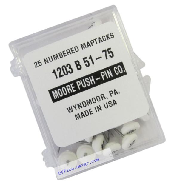 Moore Numbered Map Tacks White with Black Numbers (1203-B-51-75)