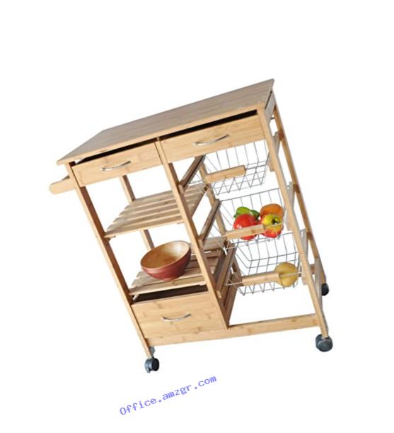 JA Marketing Bamboo Wood Kitchen Cart with Drawers, Baskets, Shelves & Towel Holder