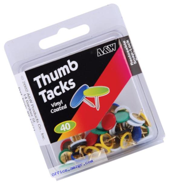 A & W Office Supplies 46119 Vinyl Coated Thumb Tack, Assorted, 40-Pack