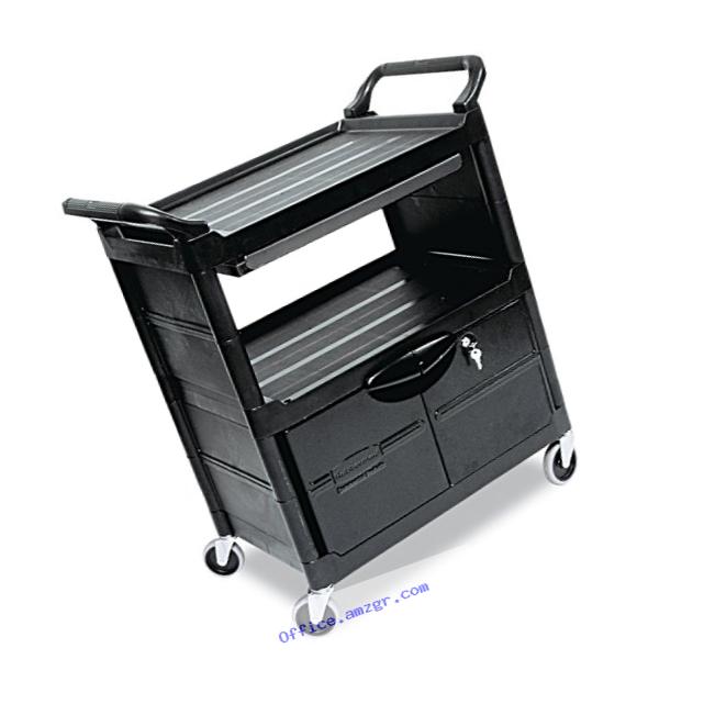 Rubbermaid Commercial Plastic Service and Utility Cart with Cabinet and Sliding Drawer, Black (FG345700BLA)