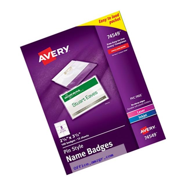 Avery Pin Style Top-Loading Name Badges, 2.25 x 3.5 Inches, White, Box of 100 (74549)